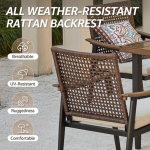 NATURAL EXPRESSIONS 7 Piece Patio Dining Table Outdoor Furniture Set, 6 Rattan Wicker Chairs with Cushions and 70” Large Dining Table with 1.65'' Umbrella Hole for Patio, Garden, Porch, Pool Beige