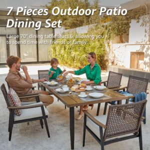 NATURAL EXPRESSIONS 7 Piece Patio Dining Table Outdoor Furniture Set, 6 Rattan Wicker Chairs with Cushions and 70” Large Dining Table with 1.65'' Umbrella Hole for Patio, Garden, Porch, Pool Beige