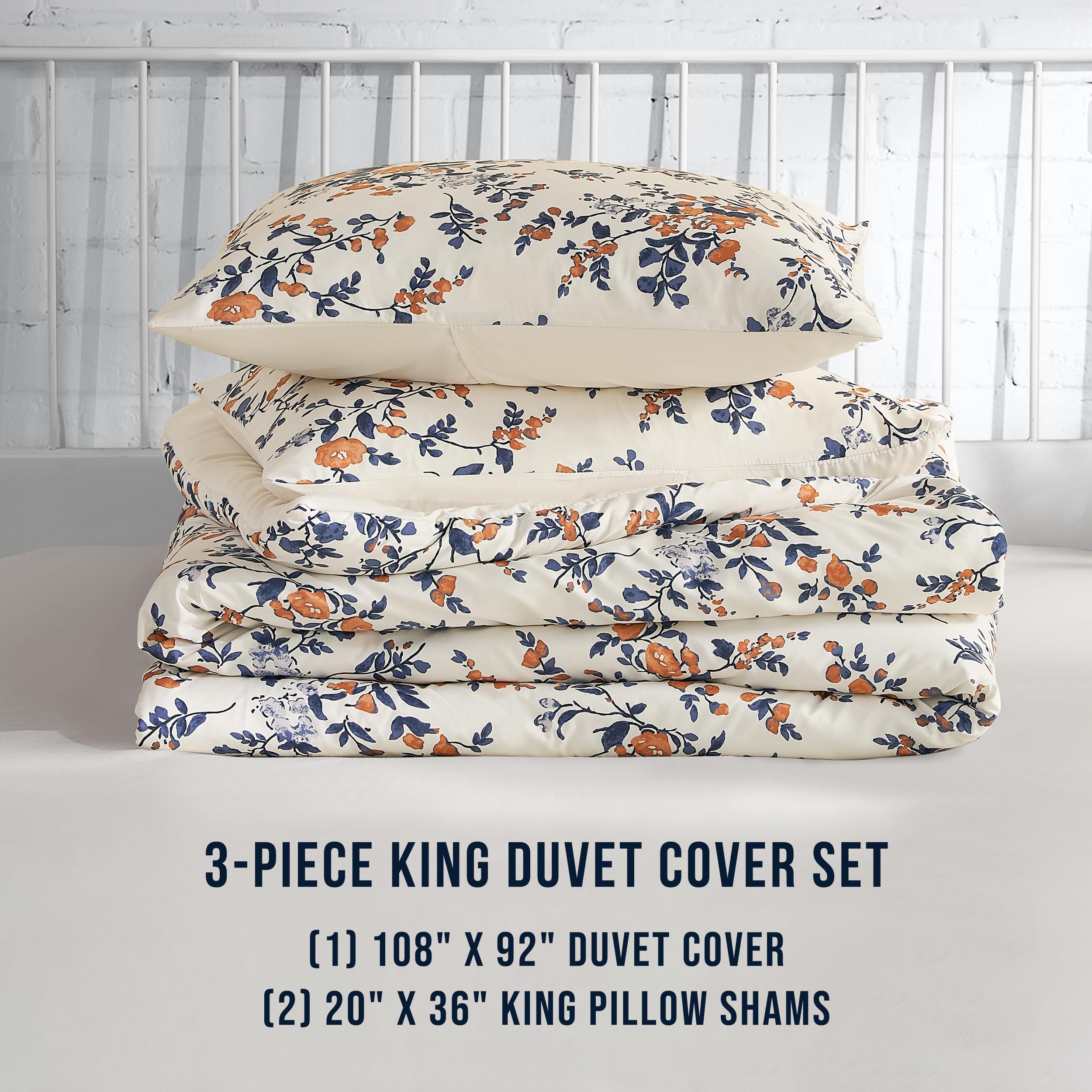 Lucky Brand Garden Bouquet King Microfiber Duvet Cover Set - 3 Piece Reversible Bedding Set with (1) 108"x92" Duvet Cover, (2) 20"x36" Pillow Shams