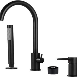 Bath rim fitting with hand shower, 4-hole bath rim fitting, 4-hole bath mixer fitting for the bathtubs, bath fitting with pull-out hand shower (Color : Black, Size : 4-Loch)