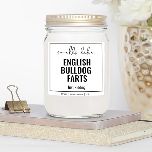 YouNique Designs Smells Like English Bulldog Farts Candle 8 oz - English Bulldog Gifts for Bulldog Lovers - Bulldog Lover Gifts Dog Farts Candle - Funny Bulldog Themed Gifts (Lavender & Vanilla)