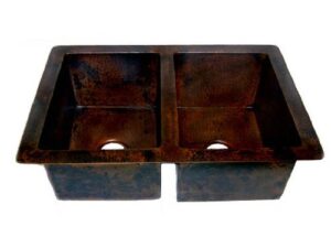 copper kitchen drop-in or under-mount sink, double bowl, 60/40 split, dark brown patina (33x22x9)