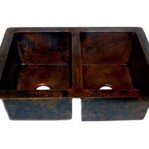 Copper Kitchen Drop-in or Under-mount Sink, Double Bowl, 60/40 Split, Dark Brown Patina (33x22x9)