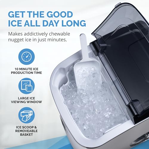 Newair Nugget Countertop Ice Maker Machine | 26 lbs. | Sonic Ice Maker in Stainless Steel, Self-Cleaning Function, Refillable Water Tank, Perfect Canes Ice for Kitchens, Offices, Home Coffee Bars