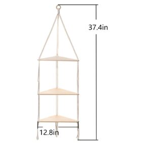 Typutomi Macrame Hanging Shelf 3 Tier, Wooden Triangle Hanging Shelf Handmade Woven Rope Corner Shelves Floating Shelf Plant Hanger for Living Room, Bedroom, Apartment, Nursery