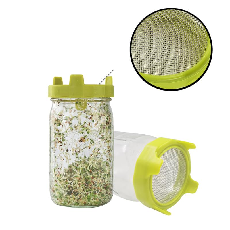 Sprouting Kit for Homegrown Alfalfa & Bean Sprouts - 2 Mesh Lids for Mason Jars Allow Draining