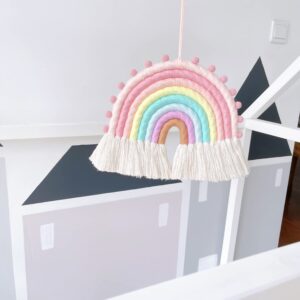 Large Macrame Rainbow Wall Hanging Decor Handmade Pom Pom Garland Rainbow Decor for Kids Room Girls Bedroom Baby Shower Nursery Decorations