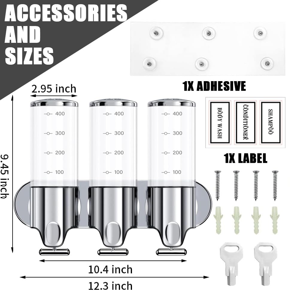 3 in 1 Bathroom Shampoo and Conditioner Dispenser with Waterproof Labels - Drill Free Shower Soap Dispenser Wall Mounted for Home Hotel RV | 3x17oz Refillable Bottles