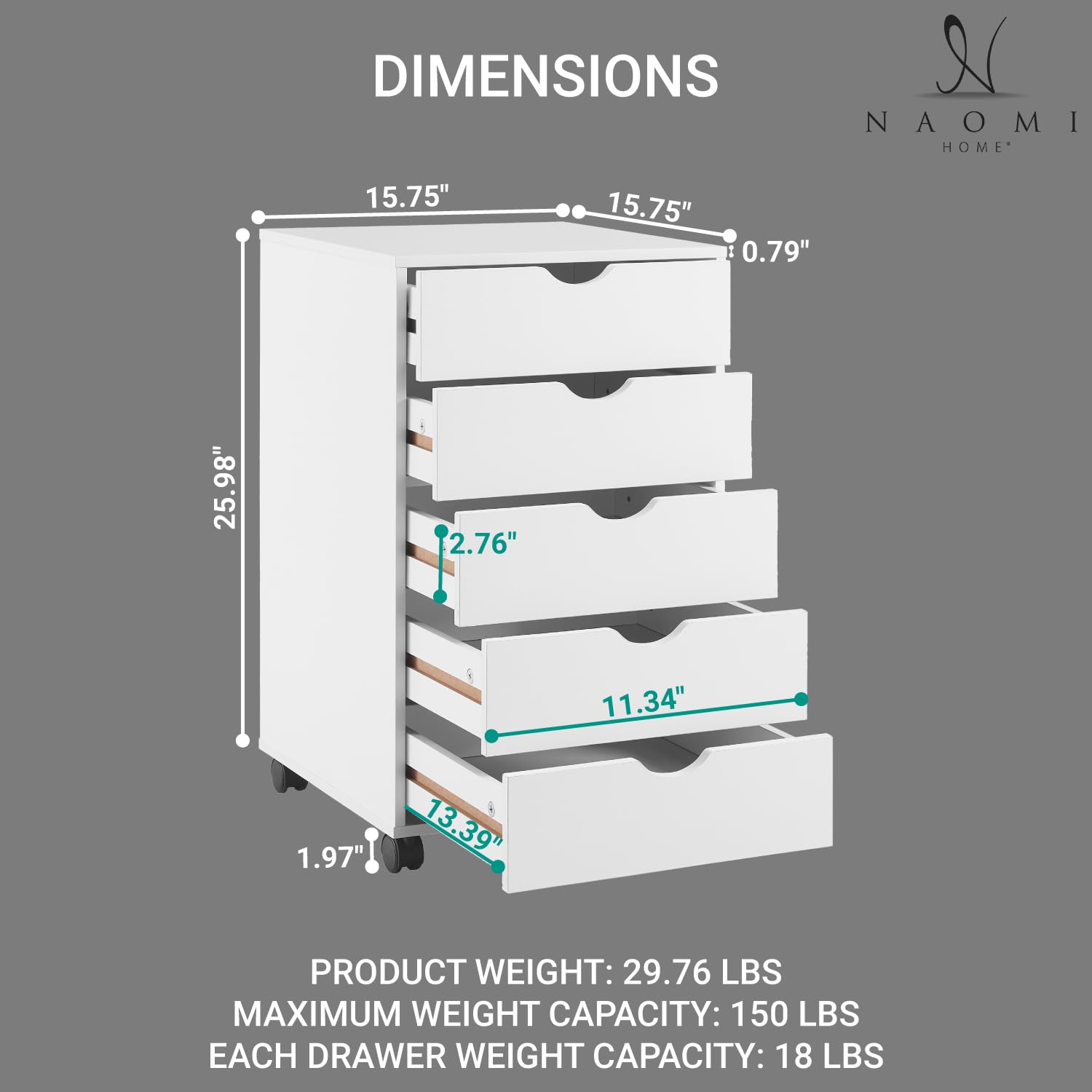 Naomi Home 5 Drawer Dresser for Bedroom, Stylish Tall Dressers with Wheels, Storage Shelves, Small Dresser for Closet, Makeup Dresser with 180 lbs Capacity - White