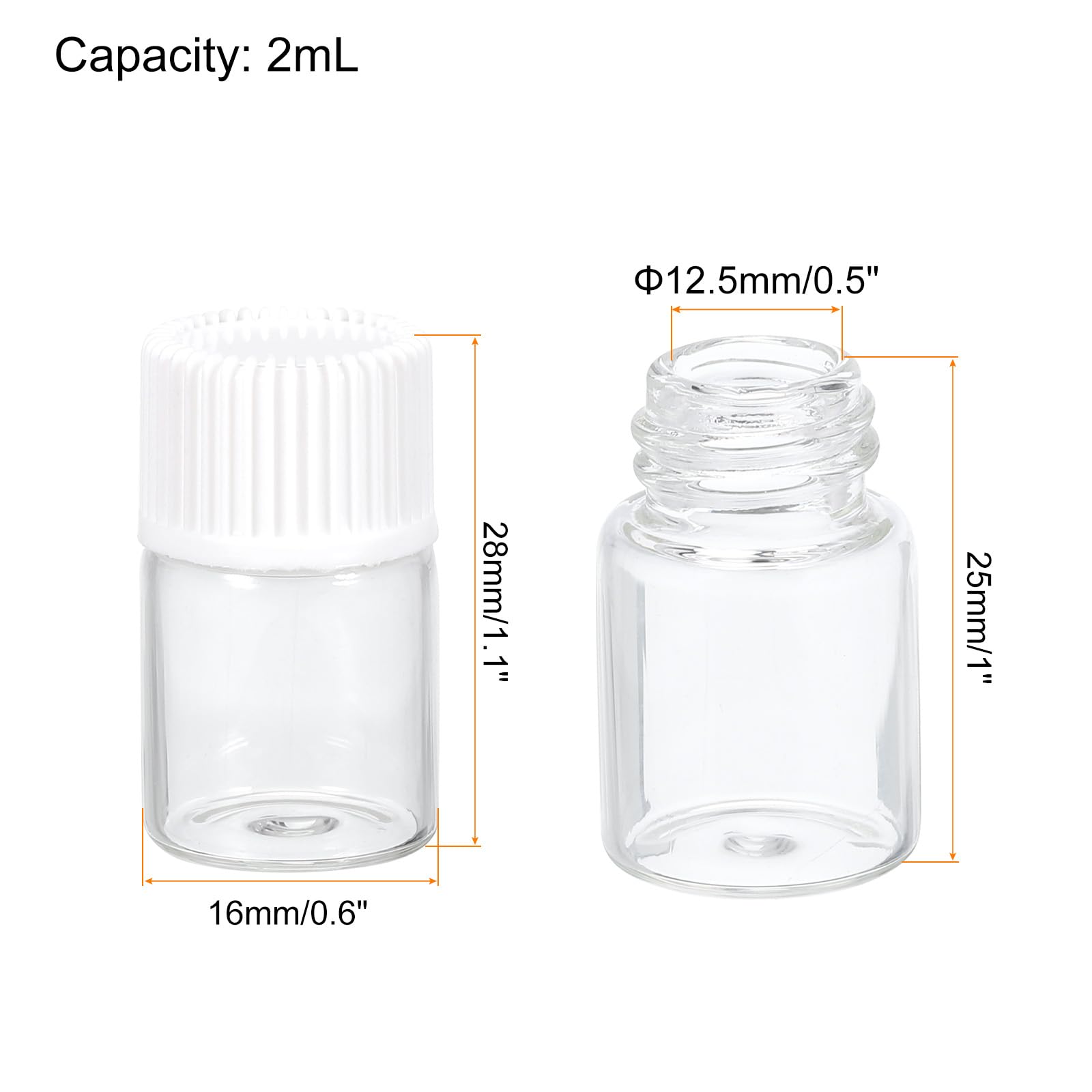 PATIKIL 2ml Essential Oil Bottles, 50 Pack Clear Glass Bottles with Orifice Reducer Sample Vial Screw Cap Storage Vials Container Style 1, White