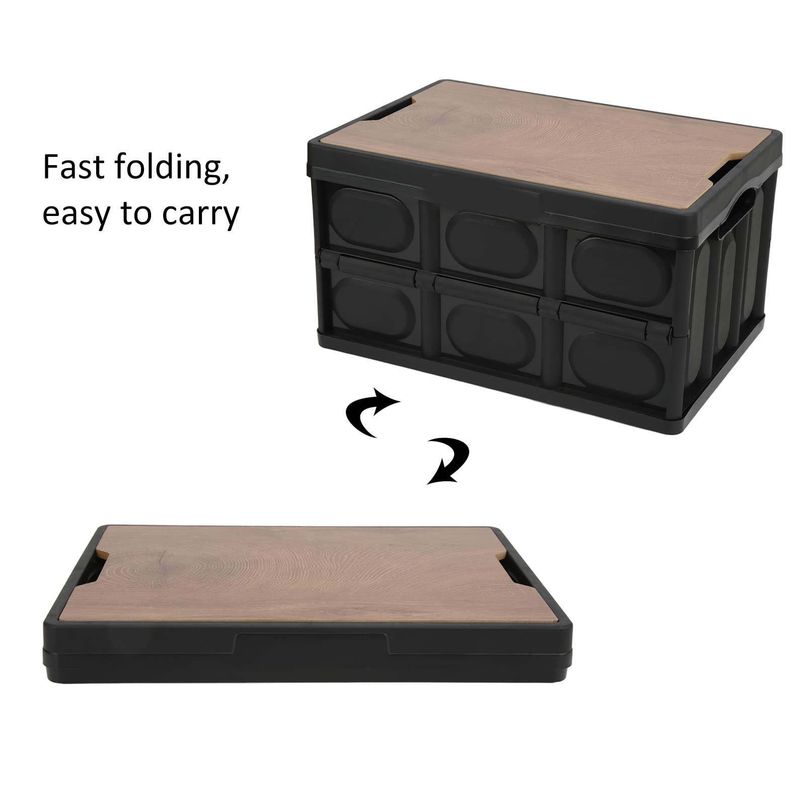 Folding Storage Box with Wooden Cover, 30L Collapsible Storage Bins with Lid, Camping Storage Container for Camping, Car Storage, Home Sorting (42x28.5x23.5cm/16.5x11.2x3 Inch)(Black)