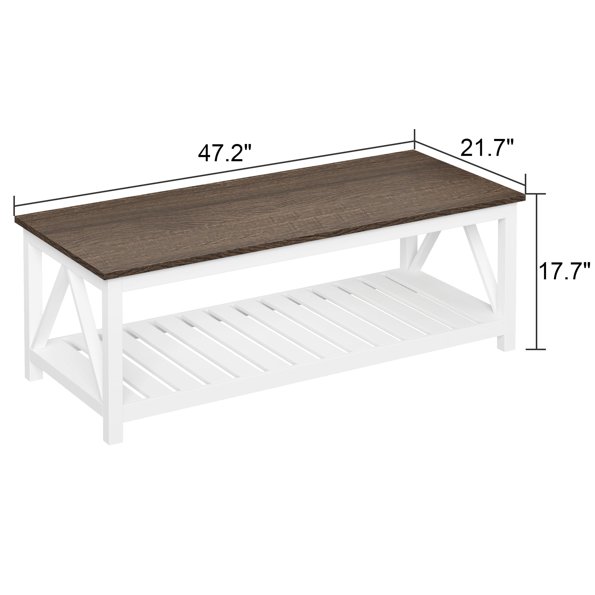 ChooChoo Farmhouse Coffee Table, Rustic Vintage Living Room Table with Shelf, 47 White