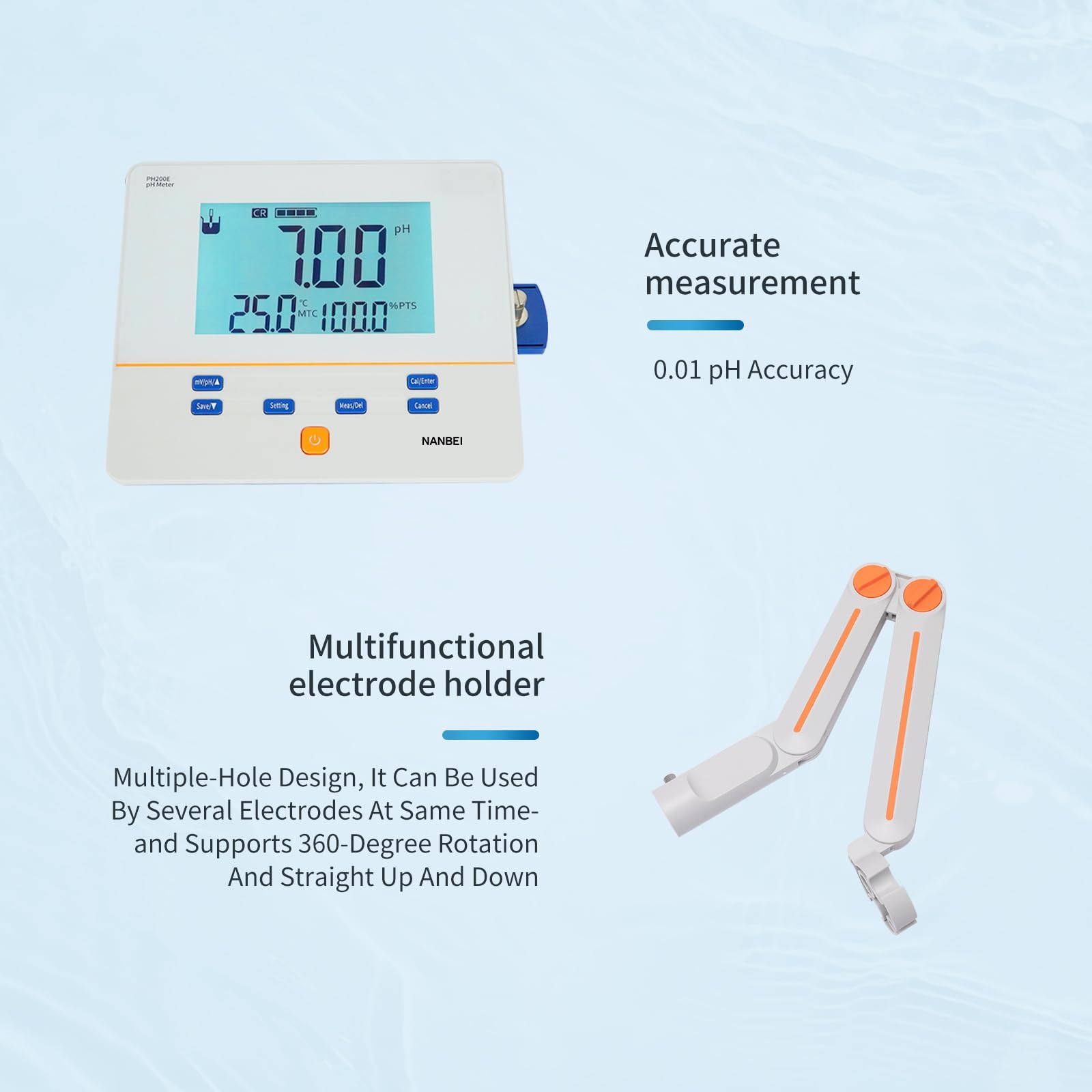 NANBEI Lab Benchtop pH Meter, 1-3Points Auto Calibration,0.01 pH Accuracy,200 Sets of Data Storage,Professional pH/Temp/ORP Test,6.0 inch High Definition Screen, (PH200E)