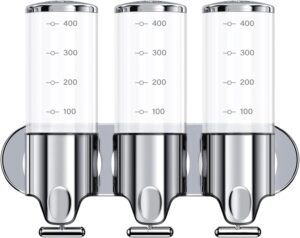 3 in 1 bathroom shampoo and conditioner dispenser with waterproof labels - drill free shower soap dispenser wall mounted for home hotel rv | 3x17oz refillable bottles