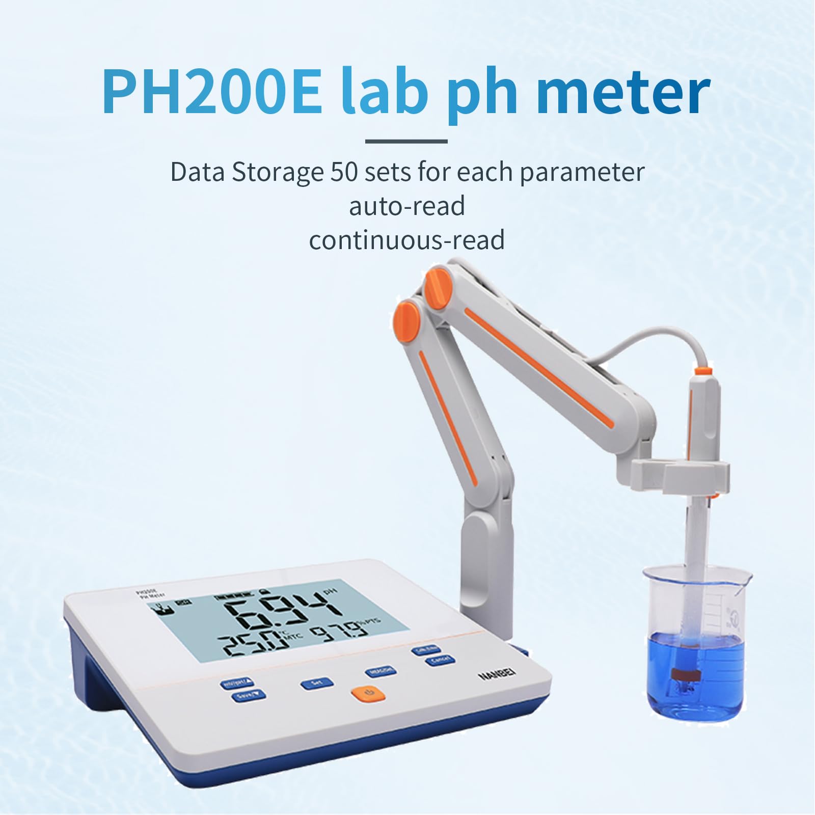 NANBEI Lab Benchtop pH Meter, 1-3Points Auto Calibration,0.01 pH Accuracy,200 Sets of Data Storage,Professional pH/Temp/ORP Test,6.0 inch High Definition Screen, (PH200E)