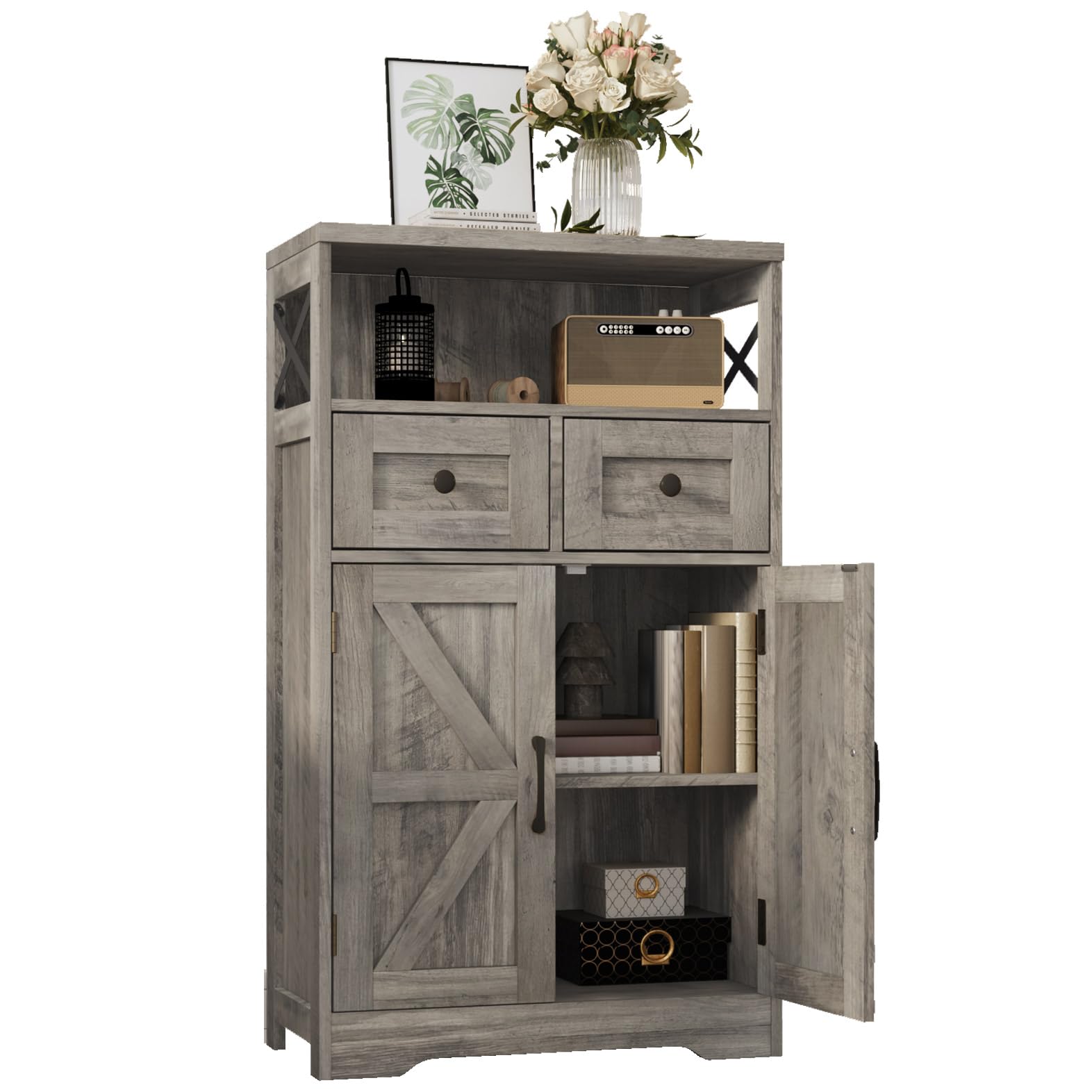 Befrases Farmhouse Storage Cabinet with Drawers and Shelf, Freestanding Kitchen Pantry Storage Cabinet, Floor Storage Cabinet Hutch Cupboard for Kitchen, Living Room, Home Office, Rustic Grey