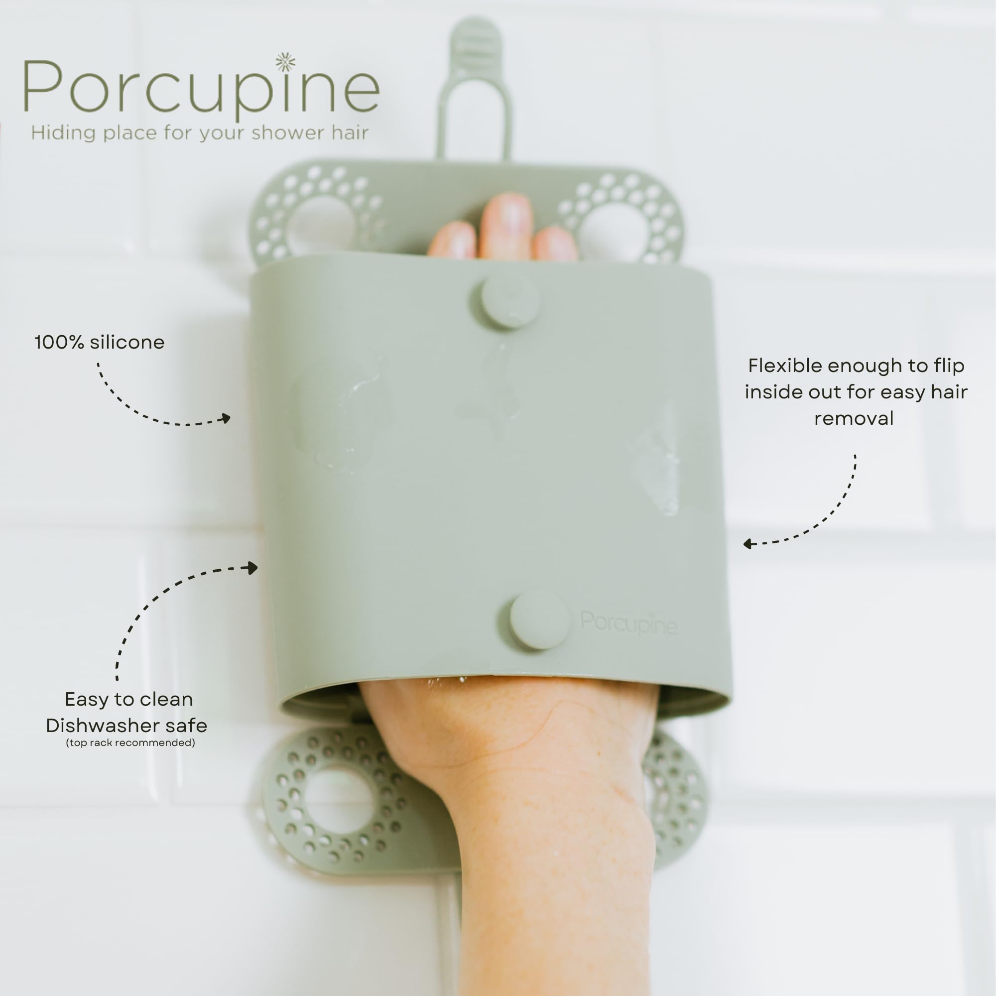 Porcupine Shower Wall Hair Catcher, Modern Silicone Design Collects & Conceals Wet Hair in Bathroom, Prevents Clogged Drains, Reusable, Removable, Easy to Clean, Heavy Duty Hanger Included (Cool Gray)