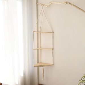 Typutomi Macrame Hanging Shelf 3 Tier, Wooden Triangle Hanging Shelf Handmade Woven Rope Corner Shelves Floating Shelf Plant Hanger for Living Room, Bedroom, Apartment, Nursery