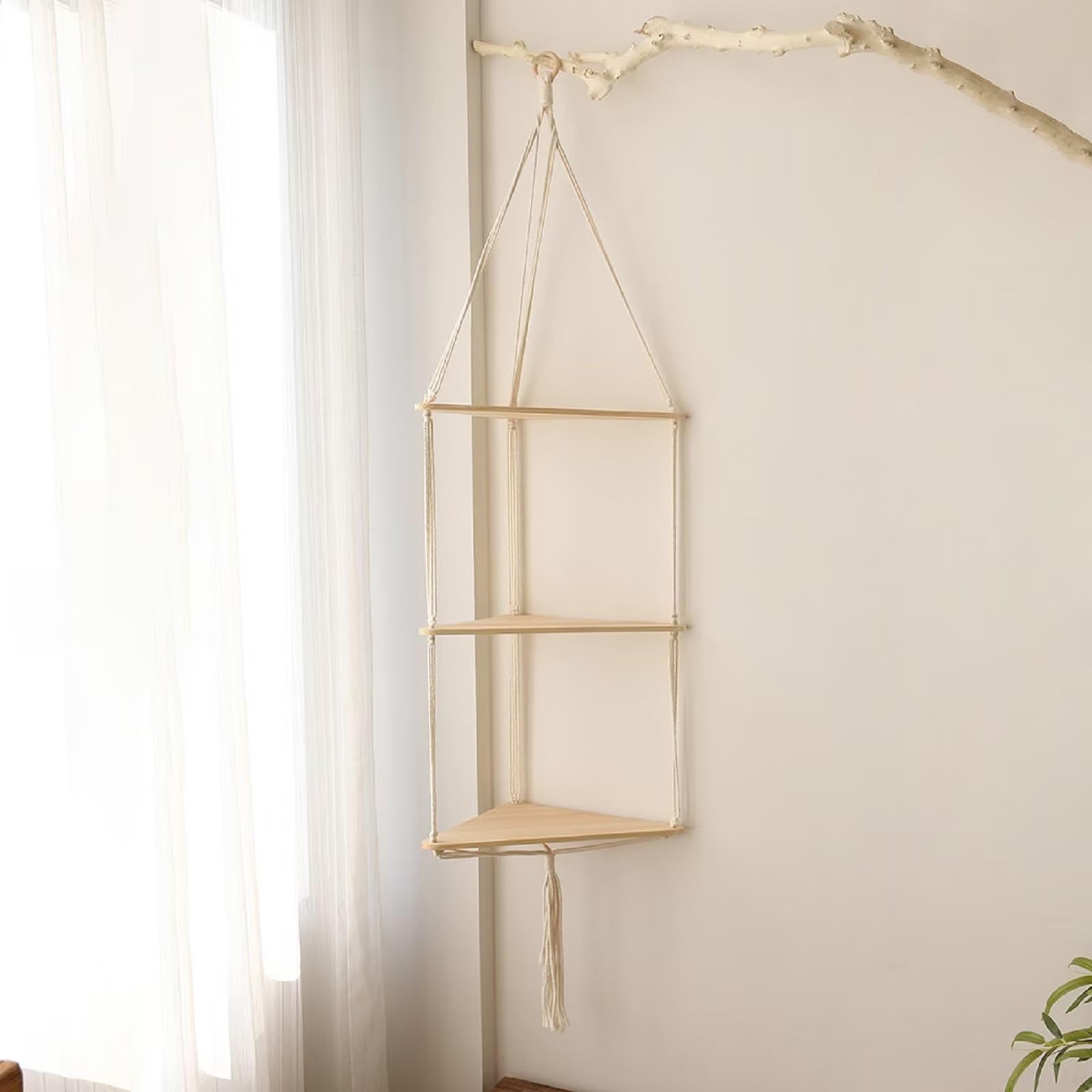 Typutomi Macrame Hanging Shelf 3 Tier, Wooden Triangle Hanging Shelf Handmade Woven Rope Corner Shelves Floating Shelf Plant Hanger for Living Room, Bedroom, Apartment, Nursery