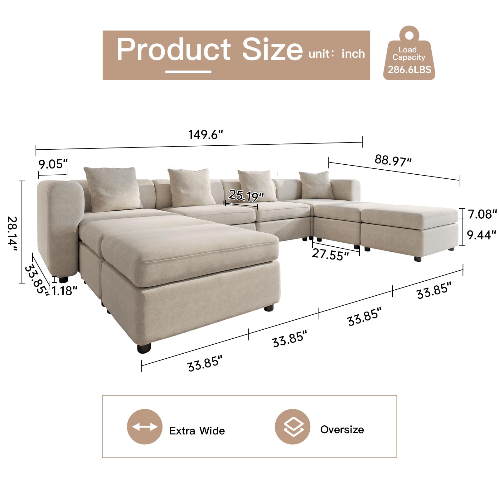 HOTICKME 149.6" Velvet Sectional Sofa with 4 Pillows, 8 Seaters Sofa Couch for Living Room, Convertible U-Shaped Couch with Cushions, Oversized Sectional Sofa with 4 Storage Ottoman, Beige