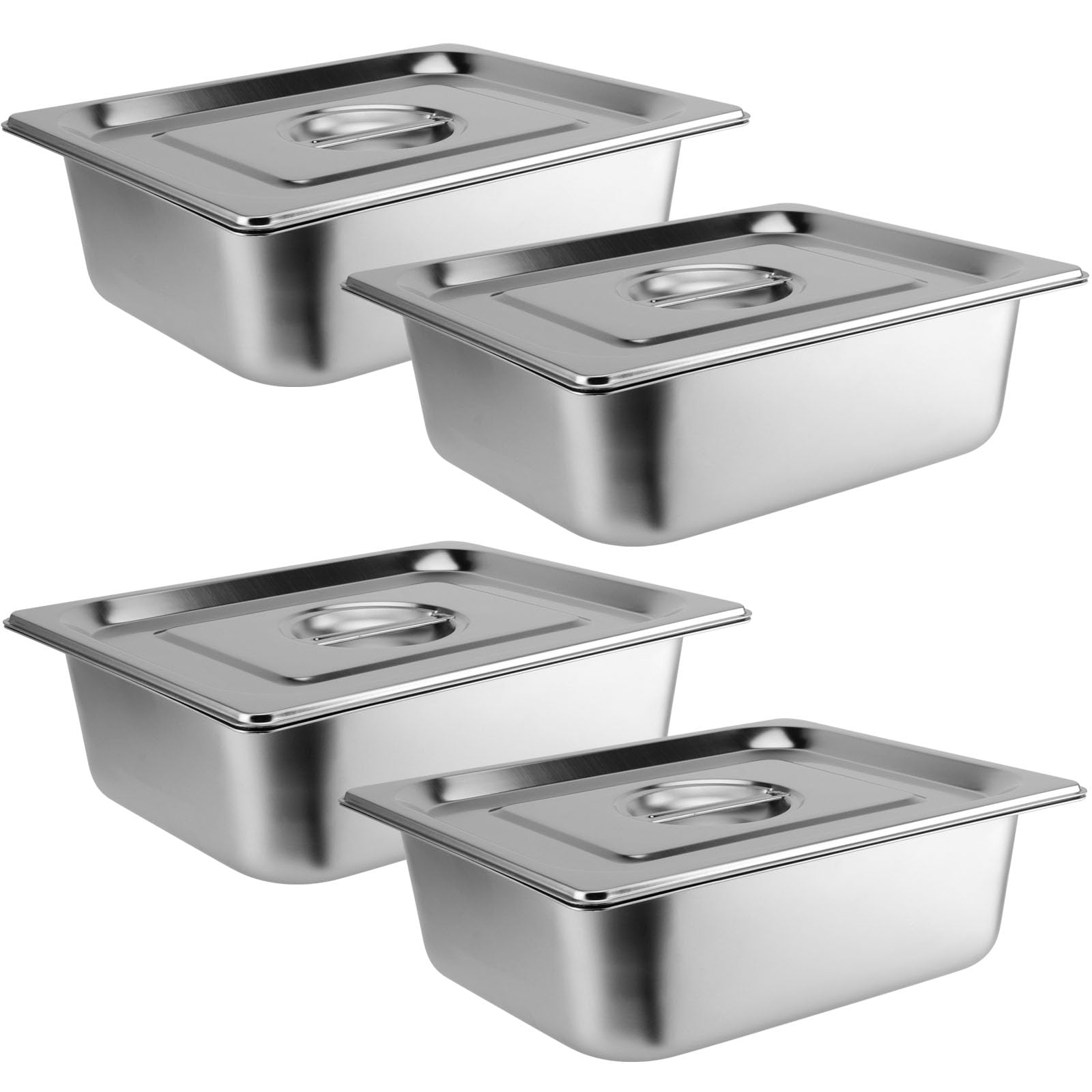 JAPCHET 4 Pack Stainless Steel Steam Pan With Lids 1/2 Size, Anti-Jam Steam Table Pan, Hotel Pans Half Size Restaurant Buffet Trays for Catering, 4 Inch Deep