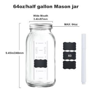 64 OZ Wide Mouth Mason Jar with Lid, Clear Heavy Duty Glass Airtight Storage Canning Jar and Band Half Gallon / 2 Quart Fermenting, Pickling, Storing, Pack of 1