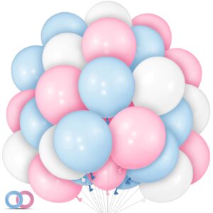 pink and blue balloons 100 pack 12 inch pastel pink blue white latex party balloons with 65ft ribbon for gender reveal baby shower birthday bridal shower wedding party decorations supplies