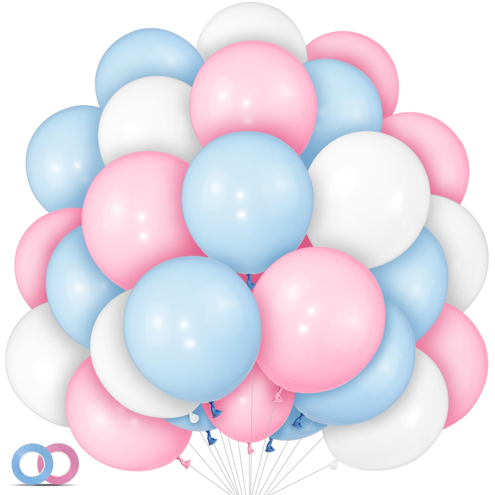 Pink and Blue Balloons 100 Pack 12 inch Pastel Pink Blue White Latex Party Balloons with 65ft Ribbon for Gender Reveal Baby Shower Birthday Bridal Shower Wedding Party Decorations Supplies