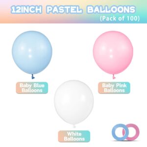 Pink and Blue Balloons 100 Pack 12 inch Pastel Pink Blue White Latex Party Balloons with 65ft Ribbon for Gender Reveal Baby Shower Birthday Bridal Shower Wedding Party Decorations Supplies