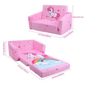 decalsweet Kids Couch Foldable Kids Sofa 2 in 1 Children Convertible Sofas to Lounger Fold Out Toddlers Sofa Bed for Playroom Bedroom Living Rooms Boys and Girls