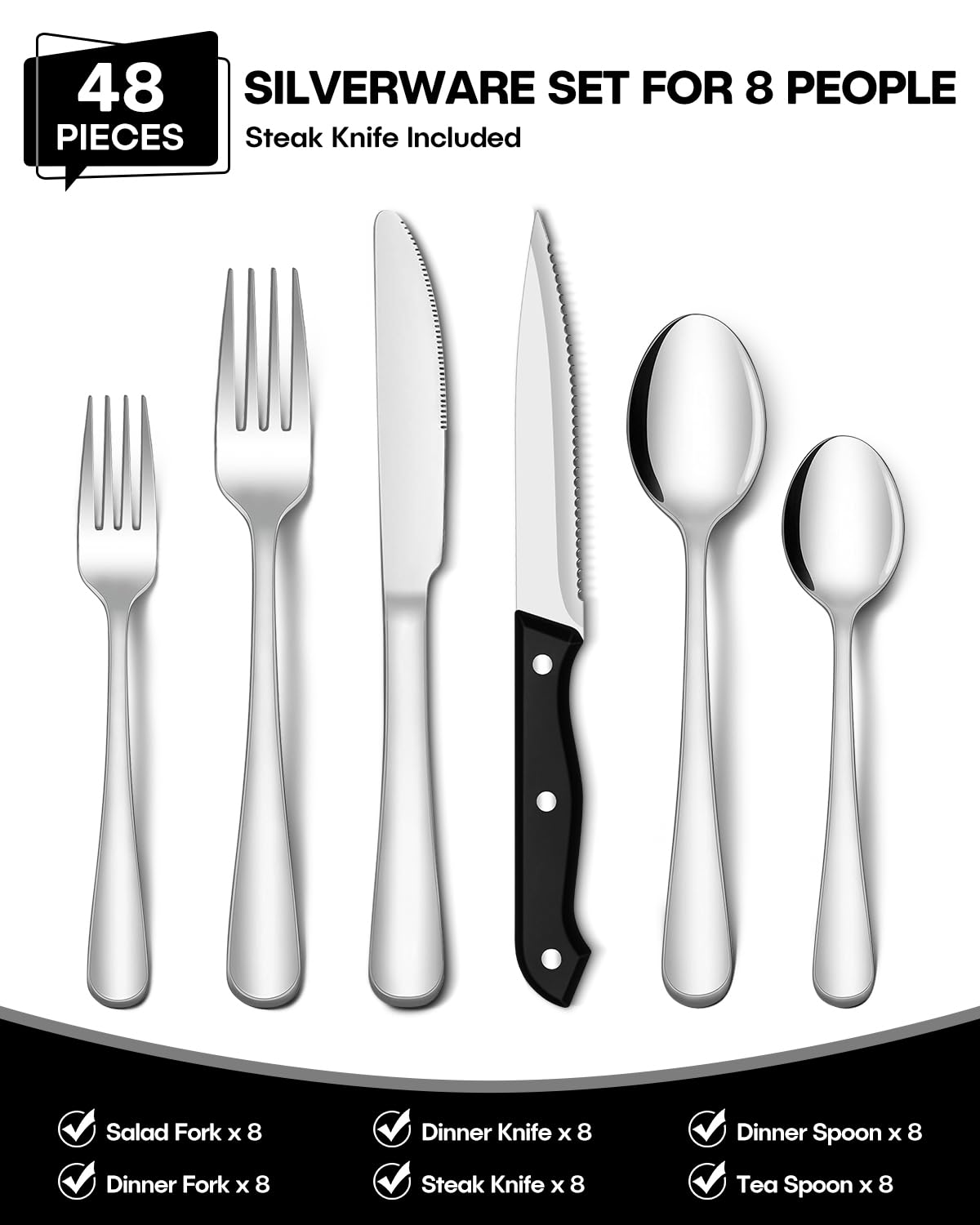 EUIRIO 48-Piece Silverware Set with Steak Knives, Heavy Duty Stainless Steel Flatware Set for 8, Food-Grade Tableware Cutlery Set, Utensil Sets for Home Restaurant, Mirror Finish, Dishwasher Safe