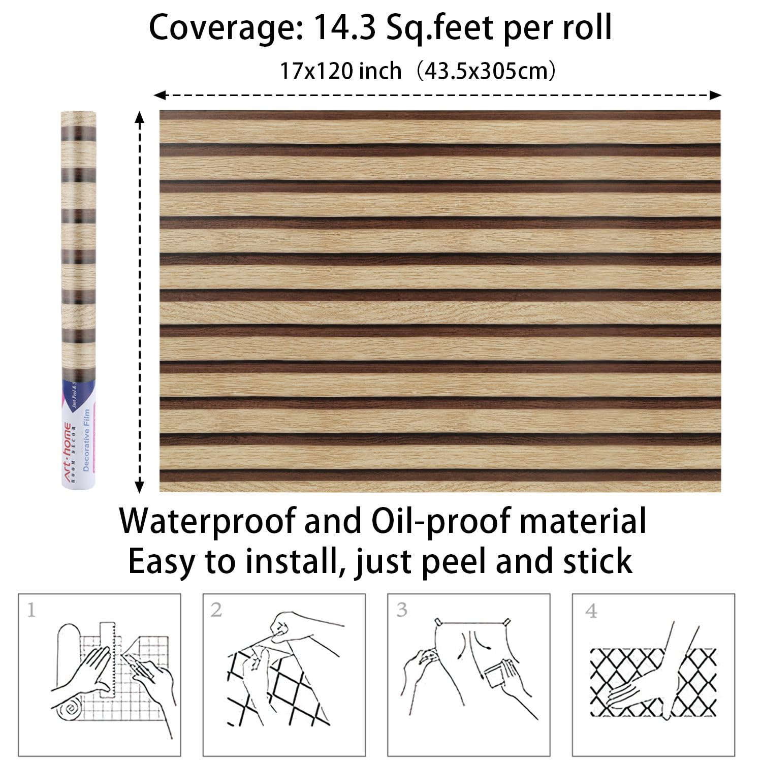 Arthome 17''x120'' Wood Slat Wallpaper Peel and Stick self Adhesive Wood Wallpaper PVC Vinyl Decorative Removable Wallpaper Waterproof Faux Wood Grating Stripe Contact Paper for Living Room Bedroom