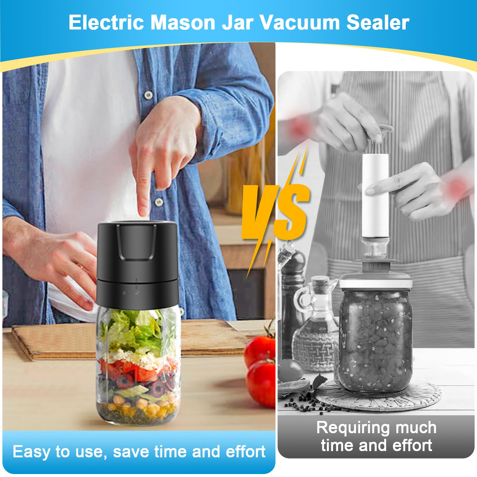 Bunyta Electric Mason Jar Vacuum Sealer Kit - 2000mAh Battery, Enhanced Motor, Compatible with Wide & Regular Mouth Lids, Ideal for Canning & Sealing, Black