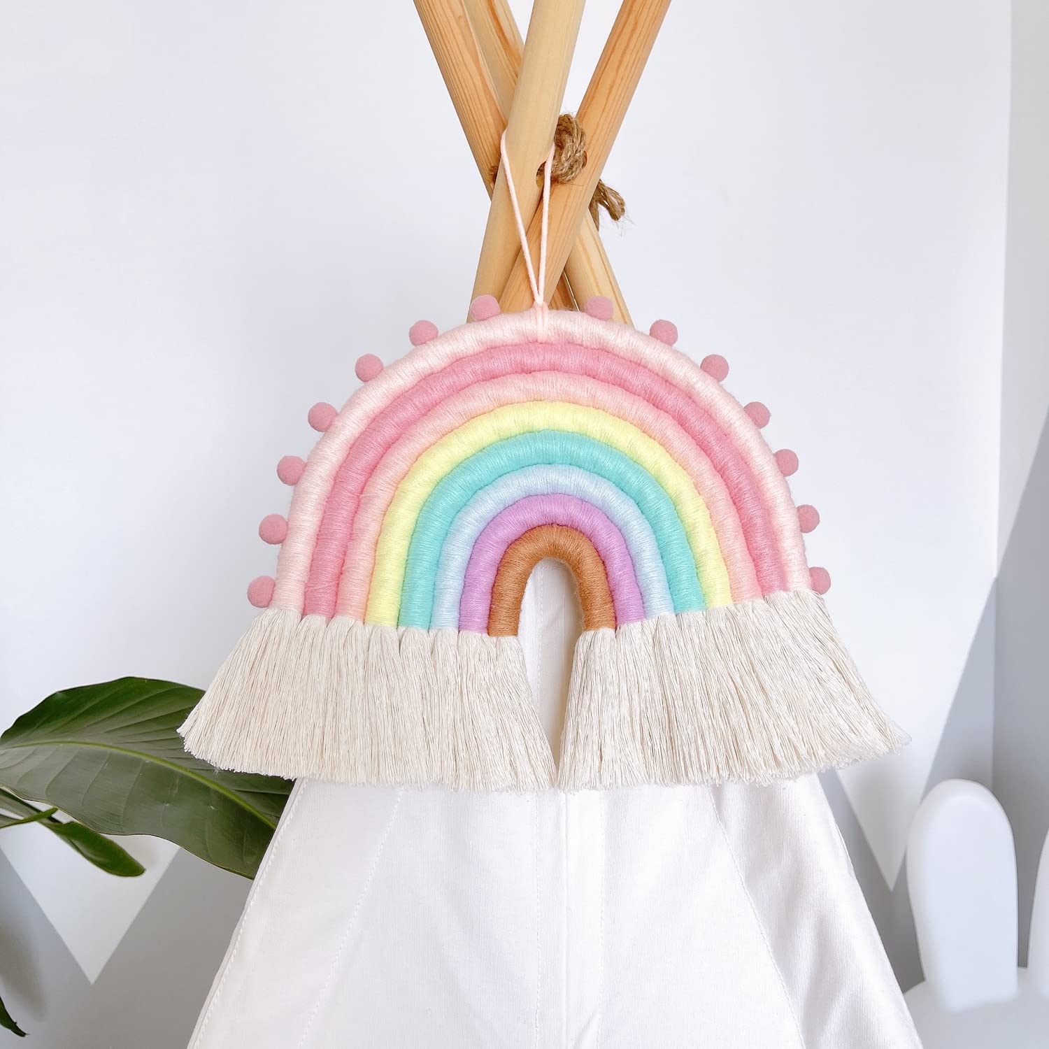 Large Macrame Rainbow Wall Hanging Decor Handmade Pom Pom Garland Rainbow Decor for Kids Room Girls Bedroom Baby Shower Nursery Decorations