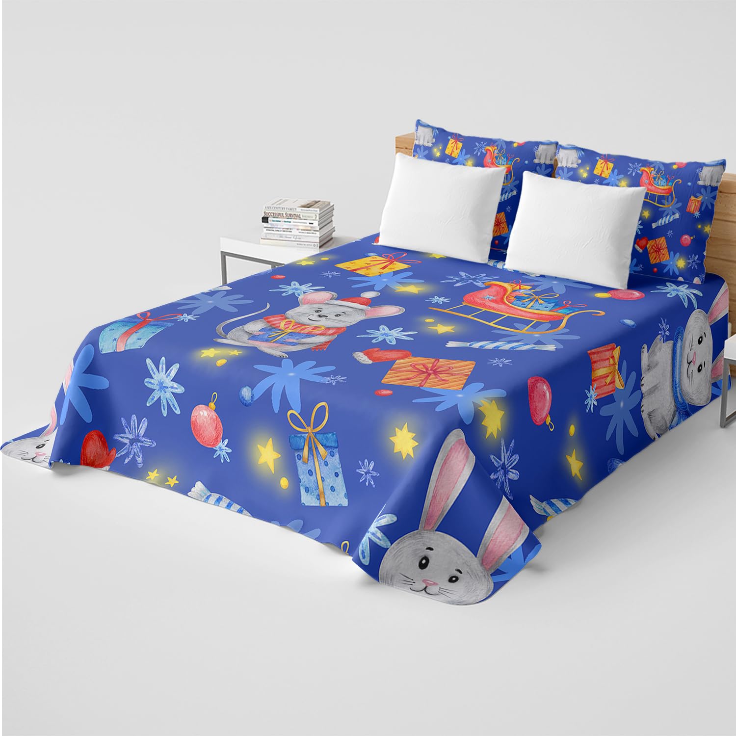 BSNTHO Christmas Mouse Sheet Set Twin Size 4 Piece, Christmas Rabbit Sheets for Girls Boys Kids Teens with 2 Pillowcases and 16" Deep Pocket, Bedding Set Microfiber Ultra Soft Skin Friendly