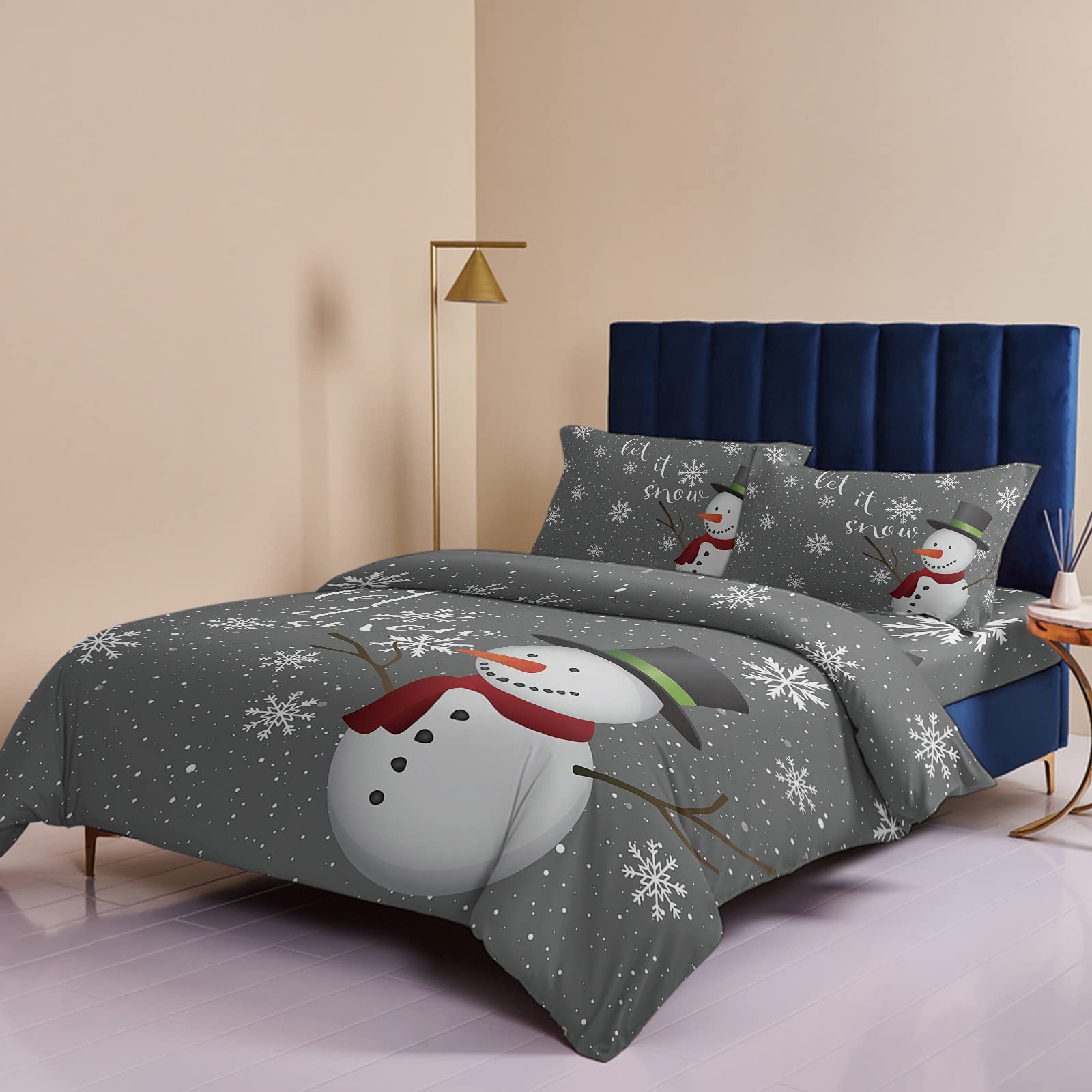 Christmas Snowman 4 Pieces Duvet Cover Queen Bedding Sets,Winter Snowflakes Luxury Soft Comforter Cover Set with Bed Sheet,White Snow Gray Bed Quilt Cover with Pillowcases for Bedroom Decor