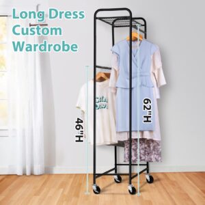 AOODA Double Rod Long Clothing Racks for Hanging Clothes, Heavy Duty Rolling Garment Rack with Top Shelves, Portable Closet Wardrobe Clothes Rack with Wheels for Dresses, Coats, Shirts (Black)