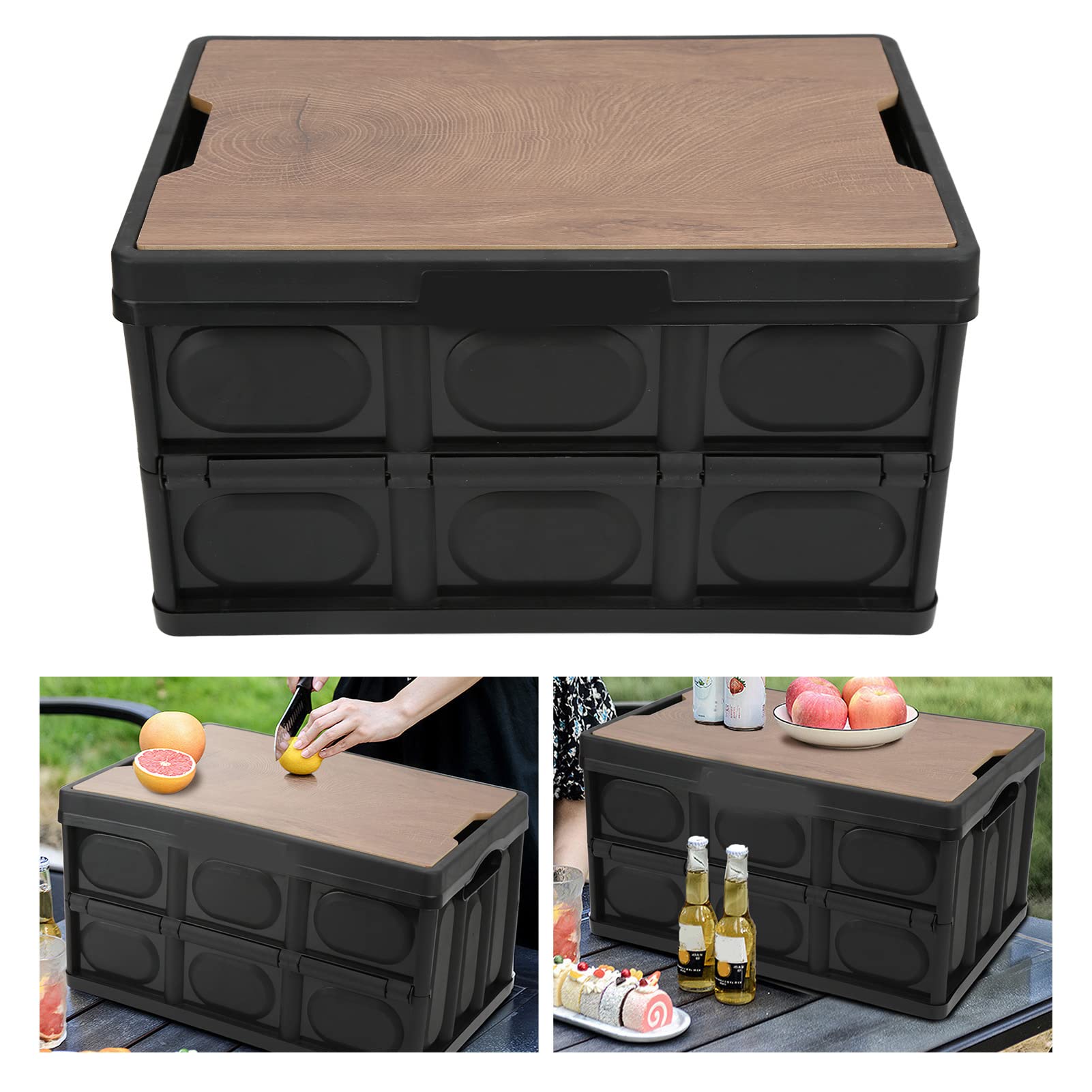 Folding Storage Box with Wooden Cover, 30L Collapsible Storage Bins with Lid, Camping Storage Container for Camping, Car Storage, Home Sorting (42x28.5x23.5cm/16.5x11.2x3 Inch)(Black)