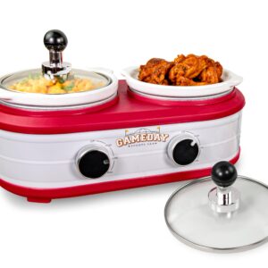 Nostalgia Game Day 2.5-Quart 2-Section Slow Cooker with Lid and Ladle, Keg-Like Design, Cooks Chicken Wings, Meatballs, Chilli, Cheese, Soup, Stews, and More