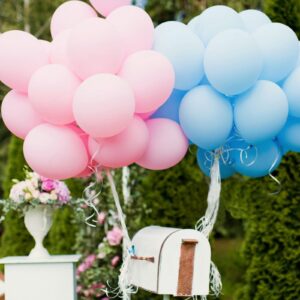 Pink and Blue Balloons 100 Pack 12 inch Pastel Pink Blue White Latex Party Balloons with 65ft Ribbon for Gender Reveal Baby Shower Birthday Bridal Shower Wedding Party Decorations Supplies