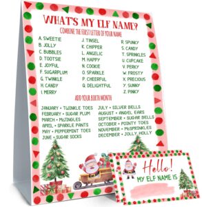 what's your elf name game, with 1 elf themed sign and 30 name stickers, christmas party game,birthday party activities for adults and kids,activity game for class graduation