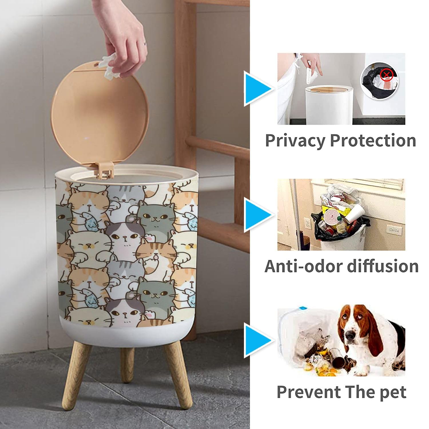 LGCZNWDFHTZ Small Trash Can with Lid for Bathroom Kitchen Office Diaper Seamless Pattern Cute Cartoon Cat Bedroom Garbage Trash Bin Dog Proof Waste Basket Cute Decorative