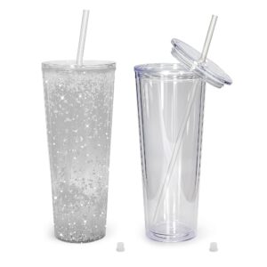 sweet grain snow globe tumblers(2 pack) - 24oz double wall acrylic tumblers for snow globe cups with pre drilled hole, lids, straws and hole stopper, clear snowglobe tumbler