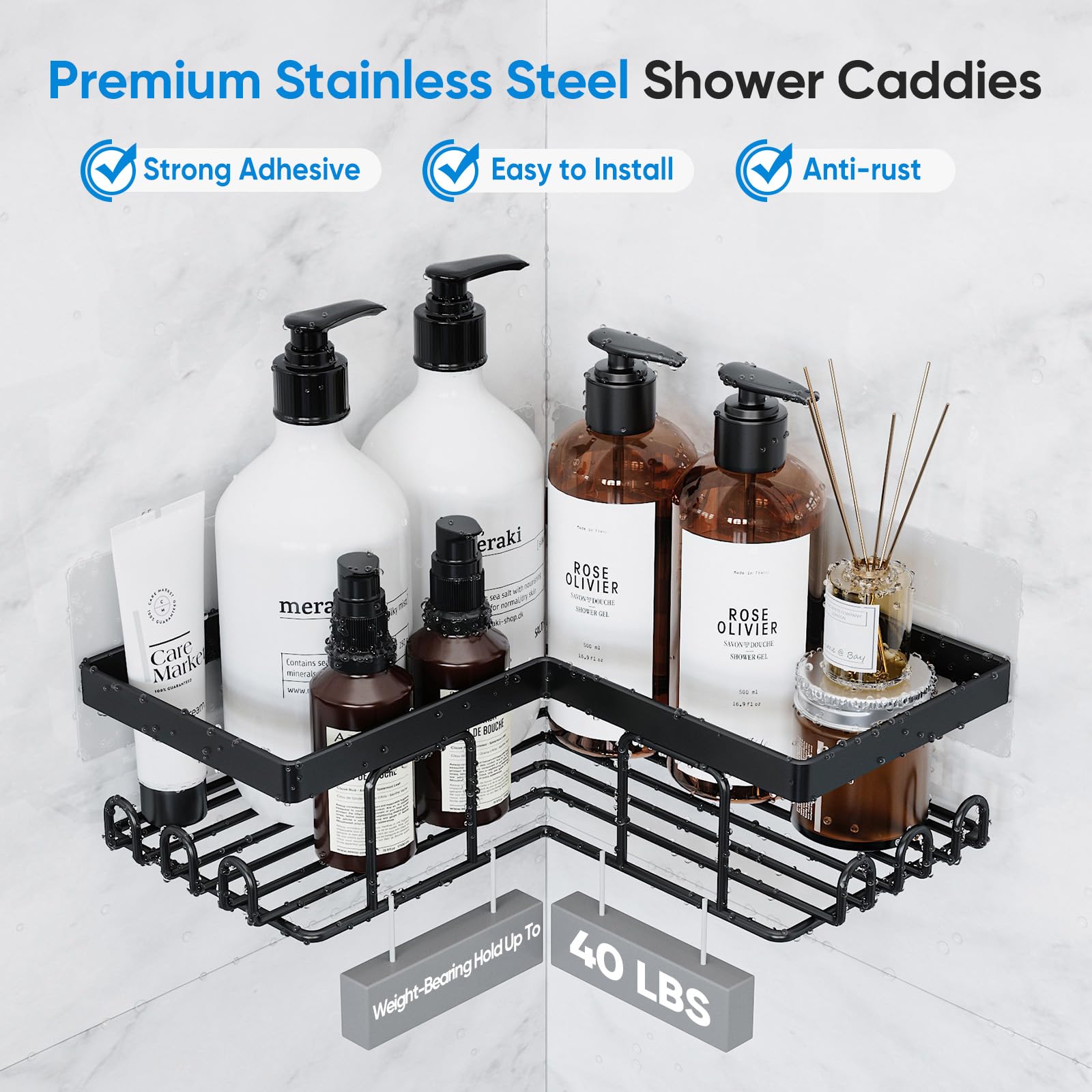 FORWOS Corner Shower Caddy 3 Pack, Rustproof Stainless Steel Bathroom Organizer and Storage, No Drilling Shower Shelf Inside Shower, Adhesive Shower Shelf for Home, Bathroom, Kitchen (Black)