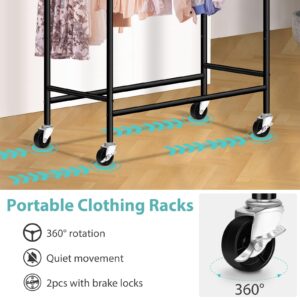 AOODA Double Rod Long Clothing Racks for Hanging Clothes, Heavy Duty Rolling Garment Rack with Top Shelves, Portable Closet Wardrobe Clothes Rack with Wheels for Dresses, Coats, Shirts (Black)