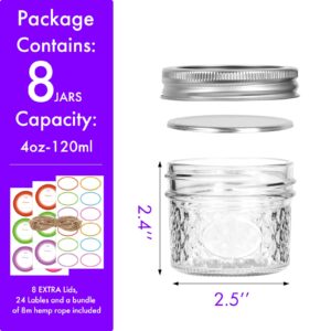 Mini Mason Jars, 8 Pack 4oz Glass Mason Jar with Regular Lids, Small Canning Jar, Ideal for Jelly, Jam, Honey, Dessert, Spice, Wedding Favor, Candles