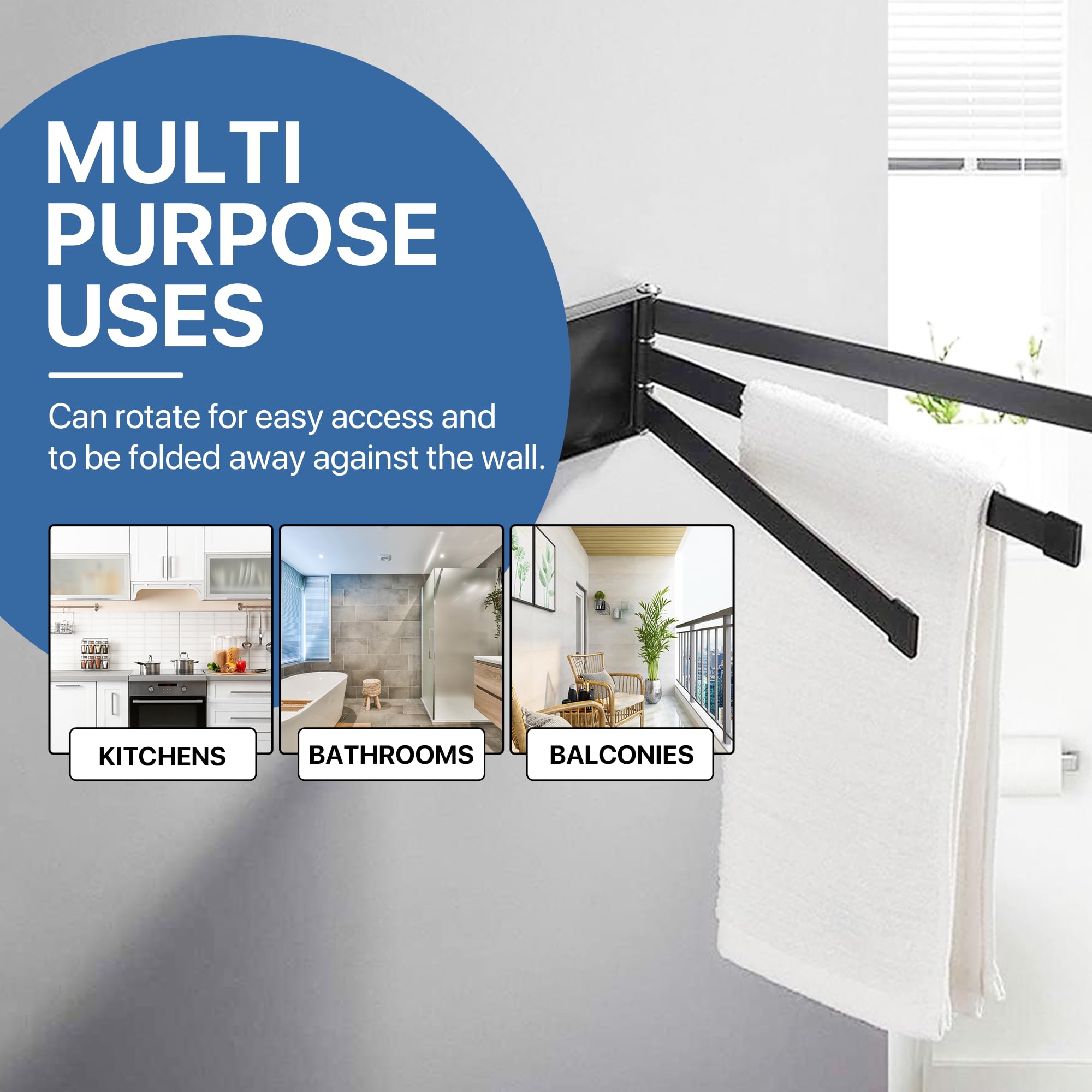 Foldably 180° Rotating 3-Arm Towel Multipurpose Rack - No Nail, Stick with Glue (Included) - Non-Slip, Waterproof & Made of Iron - Maximize Storage in Bathroom, Bedroom, Kitchen (White)