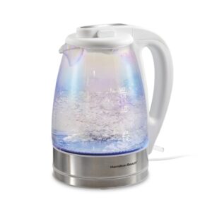 hamilton beach 1.7l electric tea kettle, water boiler & heater, led indicator, built-in mesh filter, auto-shutoff & boil-dry protection, cordless serving, iridescent clear glass (41055)