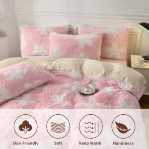 BEDMEO Tie Dye Plush Luxury Fluffy Faux Fur Duvet Cover Set,Soft Crystal Velvet Bedding Sets,Boho Bedding for 3 Pieces Chic Home Duvet Covers(1 Furry Duvet Cover + 2 Pillowcases) King,Tie-Dye Pink