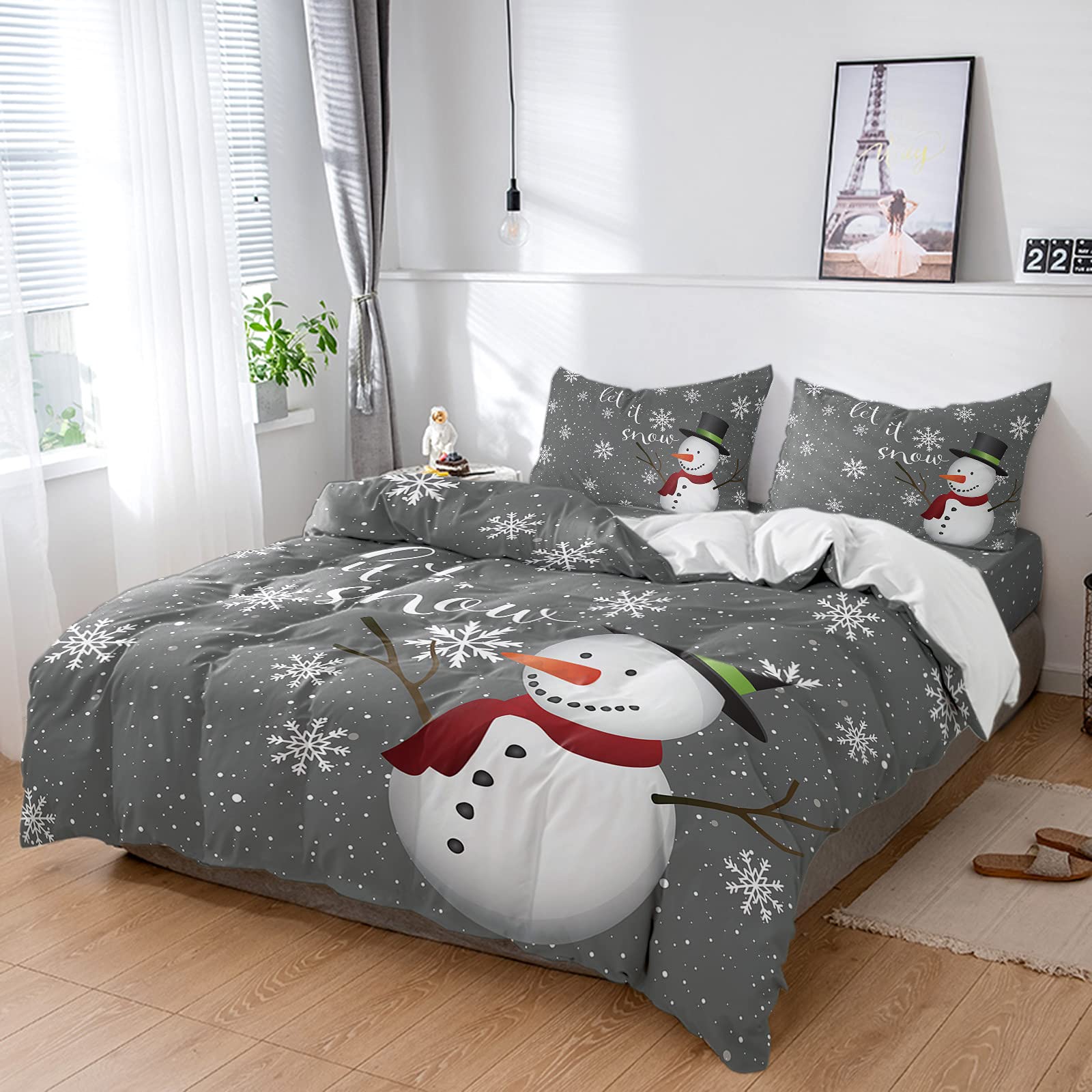 Christmas Snowman 4 Pieces Duvet Cover Queen Bedding Sets,Winter Snowflakes Luxury Soft Comforter Cover Set with Bed Sheet,White Snow Gray Bed Quilt Cover with Pillowcases for Bedroom Decor